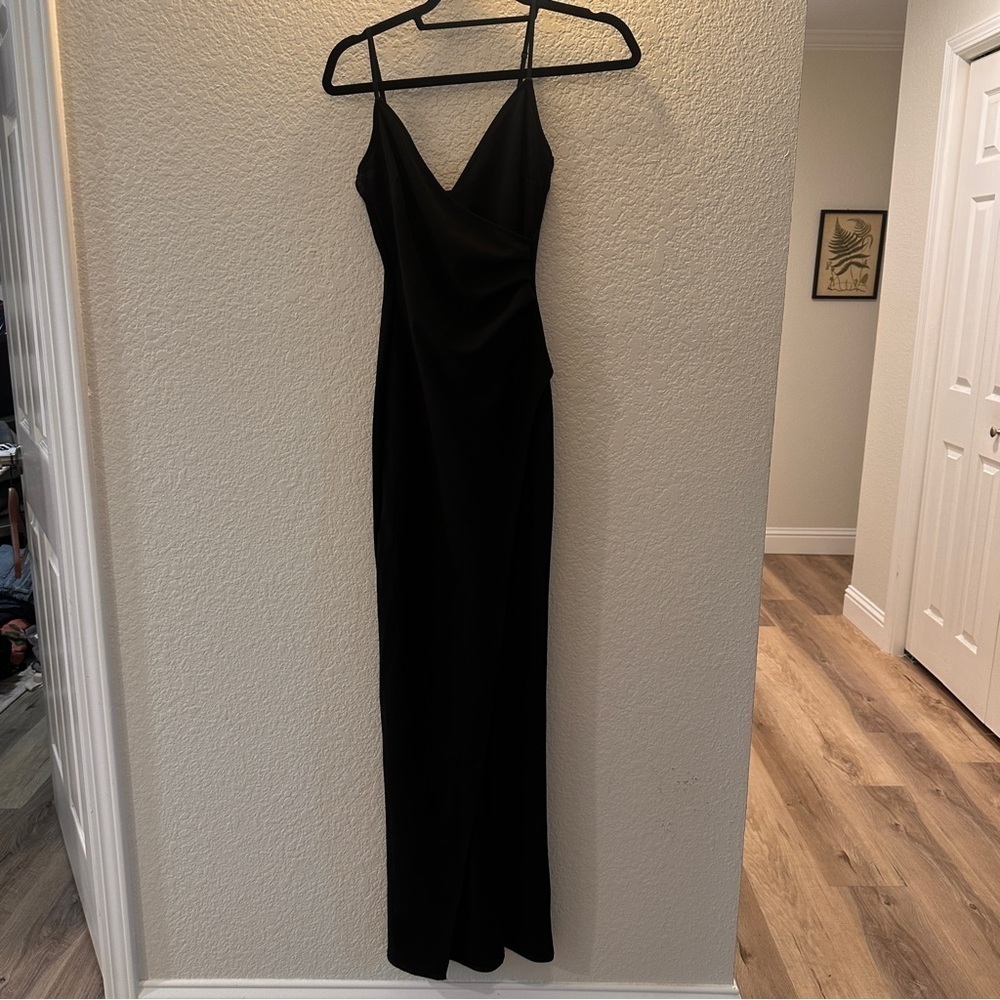 Classic Black Formal Maxi Dress XS Spaghetti Straps Ruched Front Elegant Gown